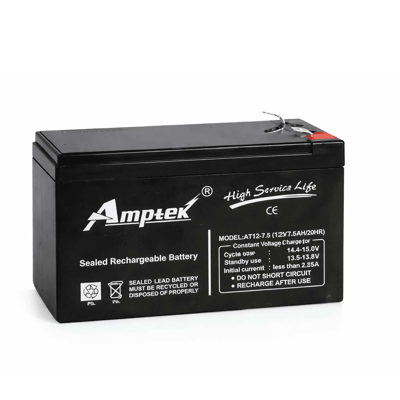 Amptek 12V 7.6Ah Black Sealed Rechargeable SMF Industrial Battery AT12-7.6