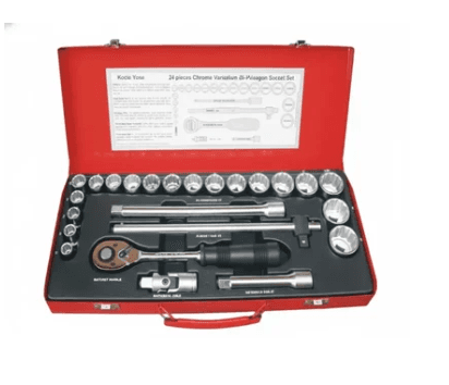 Inder P-920B 27-piece 1/2-inch drive metric socket set with CRV sockets, ratchet handle, extension bars, and accessories.