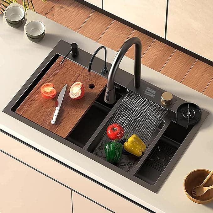 the sink shop 304 Stainless Steel Kitchen Sink with Integrated Waterfall and Pull-down Faucet Set (30x18x9 inch, Nano Coating), [HEAVY](30x18x9 with Faucet set)