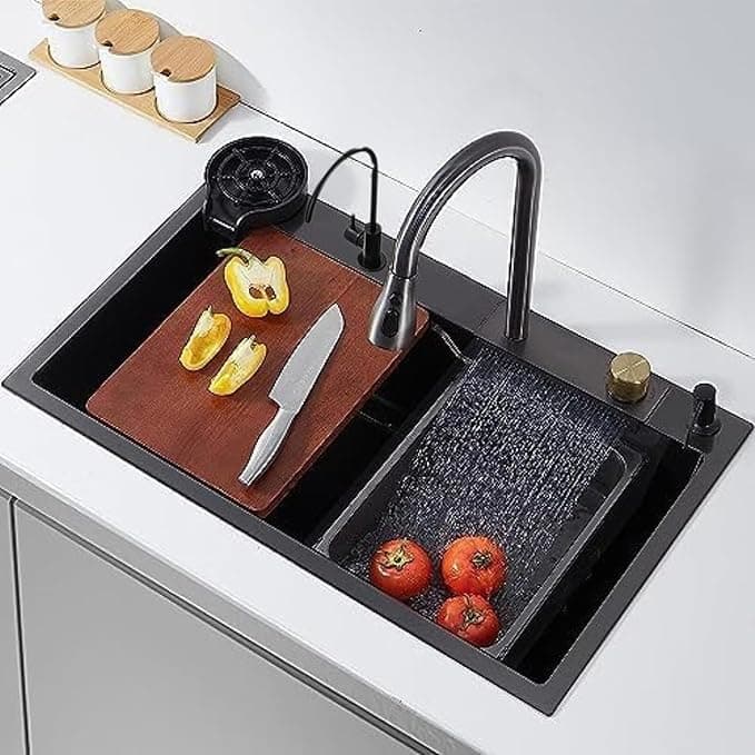 The Sink Shop 304 Stainless Steel Kitchen Sink 24X18X10 With Integrated Waterfall And Pull Down Faucet-Fruit Basket With Complete Accessories,Black [PRO(24x18x10 Waterfall Sink [PRO])