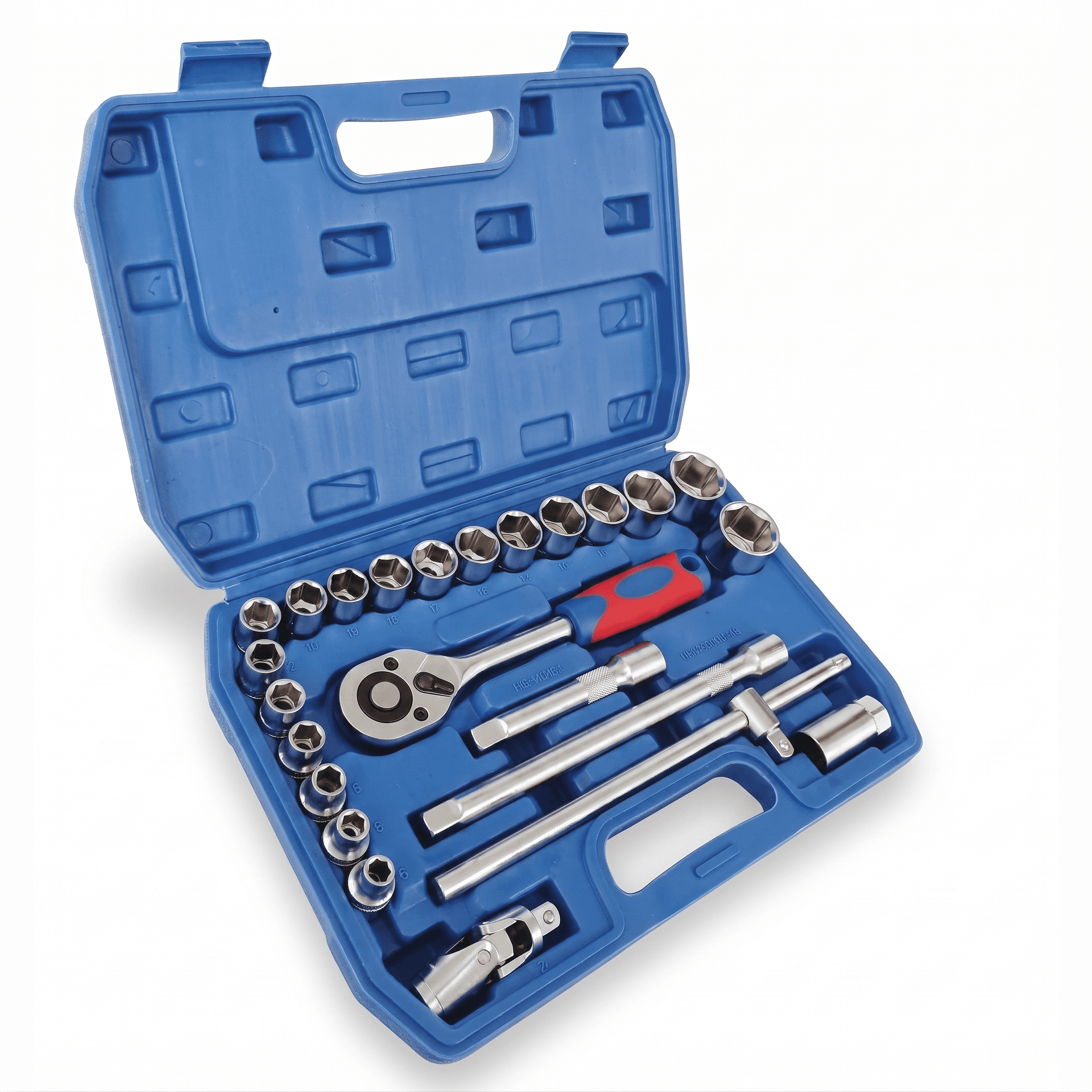 Inder 1001A 24-piece 1/2-inch drive socket set with metric sockets, ratchet handle, extensions, and accessories.