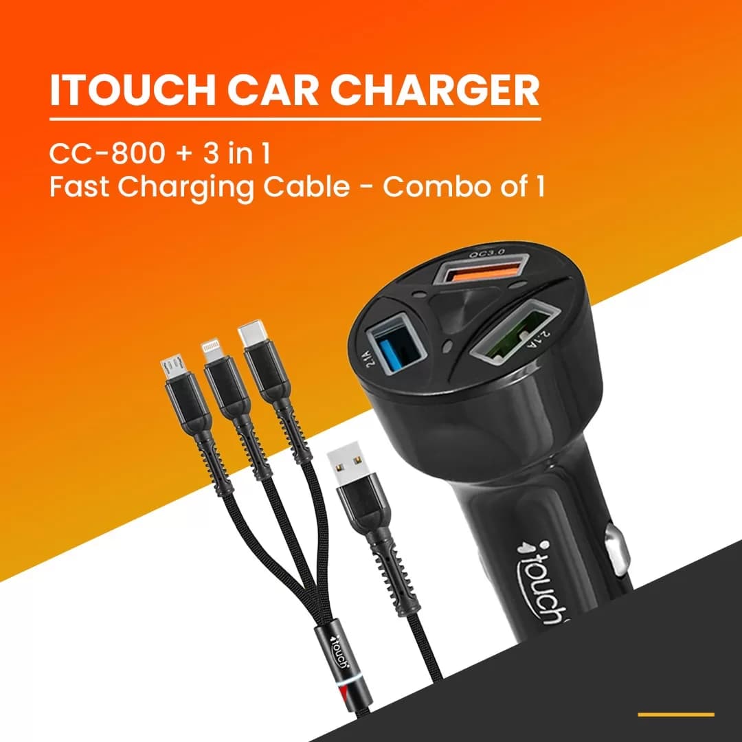 iTouch Car Charger CC-800 + ICB-288 | 3-in-1 Fast Charging Cable Combo