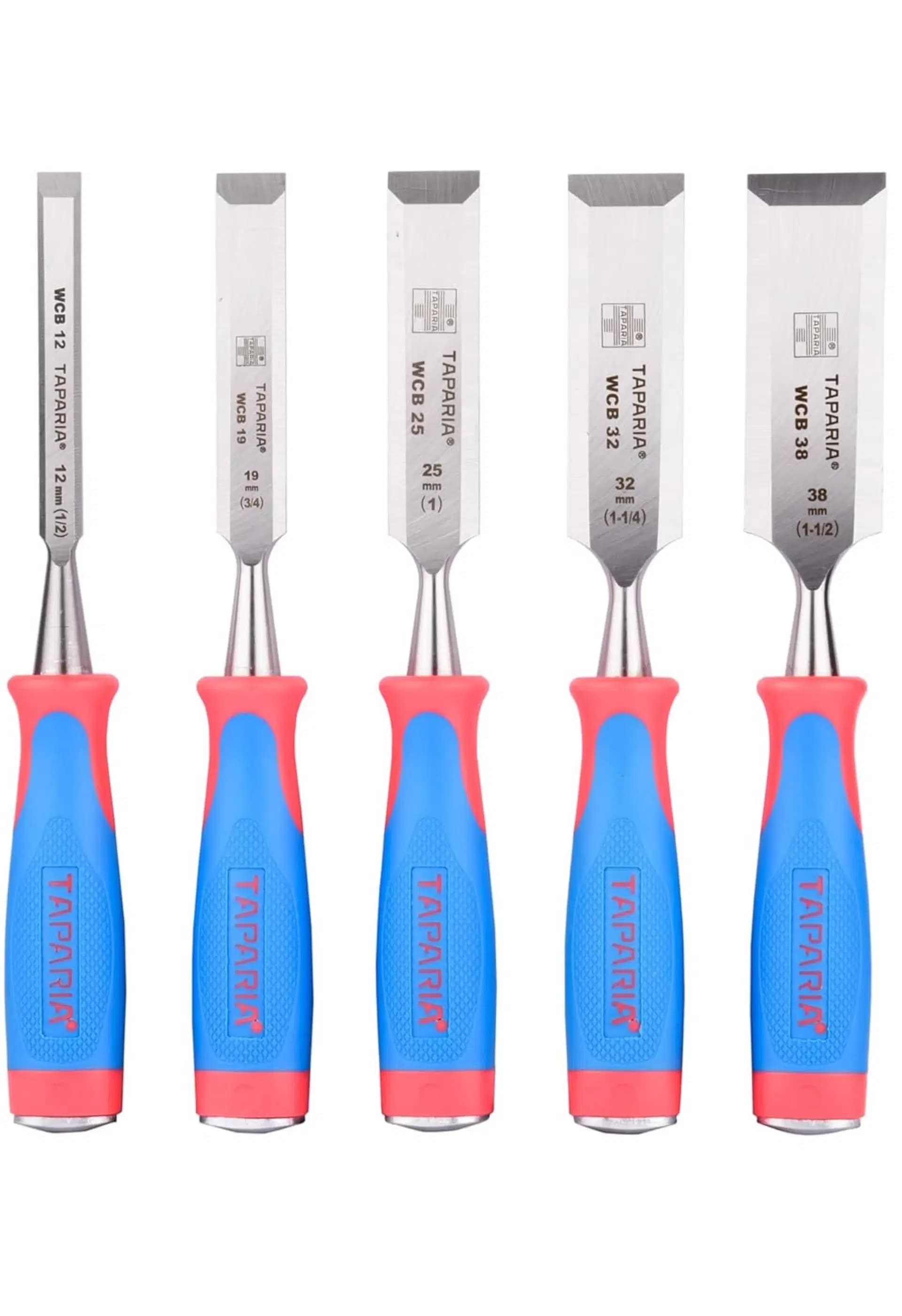 Taparia - WCBS5 Wood Chisel Set, 5 Pieces, 1/2, 3/4, 1, 1-1/4, 1-1/2 Inch Beveled Edge(WCBS 5)