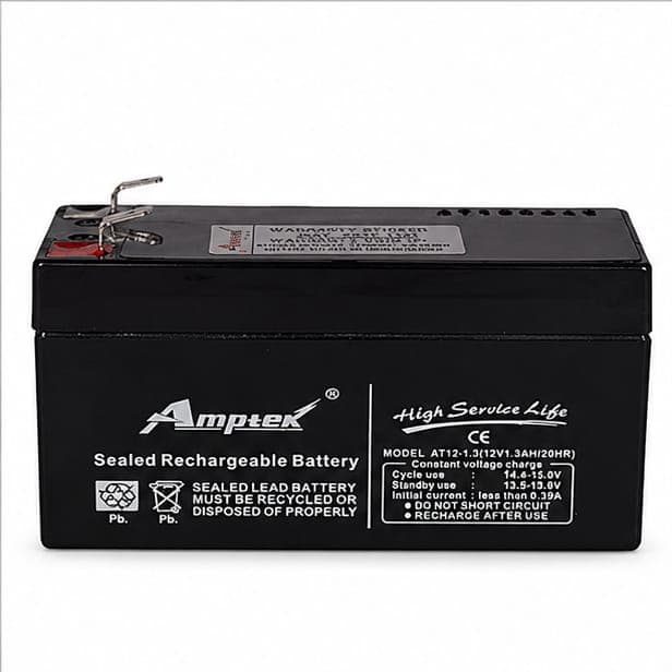 Amptek 12V 1.3Ah Black Sealed Rechargeable SMF Industrial Battery, AT12-1.3(AT12-1.3)