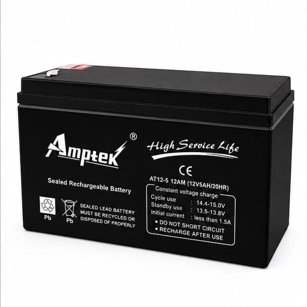 Amptek 12V 5Ah Black Sealed Rechargeable SMF Industrial Battery, AT12-5( AT12-5)