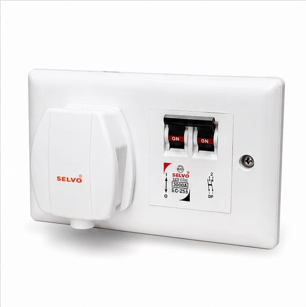 SELVO 25 Amp MCB Protected Socket, C-25A DP MCB Protection, Child Safety Shutter, Flame-Retardant PVC Base, White