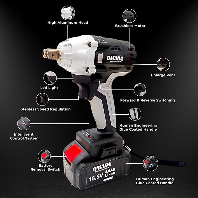 Omada Cordless 18.5V Impact Fixed Square Wrench with 2 Batteries & 1 Charger, Brushless Motor(Omada OMD-GT-1004 18.5V Impact Wrench)