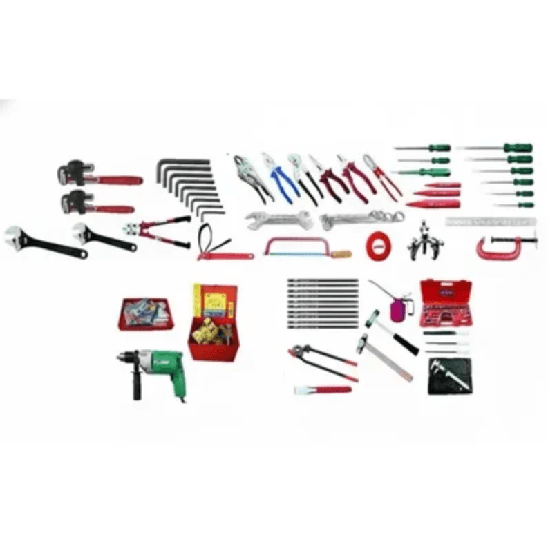 Inder P-505A 82-piece professional tool kit with spanners, sockets, pliers, wrenches, hammers, and workshop tools.