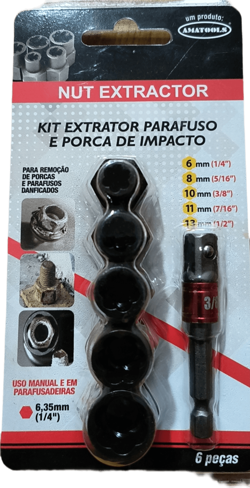 H9 6-Piece Bolt Extractor Socket Set – 1/4" Drive Nut Remover Kit , | Cr-Mo Steel (6in1-nut extractor)