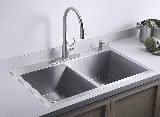 The Sink Shop Stainless Steel 304 Grade Double Bowl Kitchen Sink with Tap Hole | 37x18 Inch Diamond Cut Square Design | Chrome Silver
