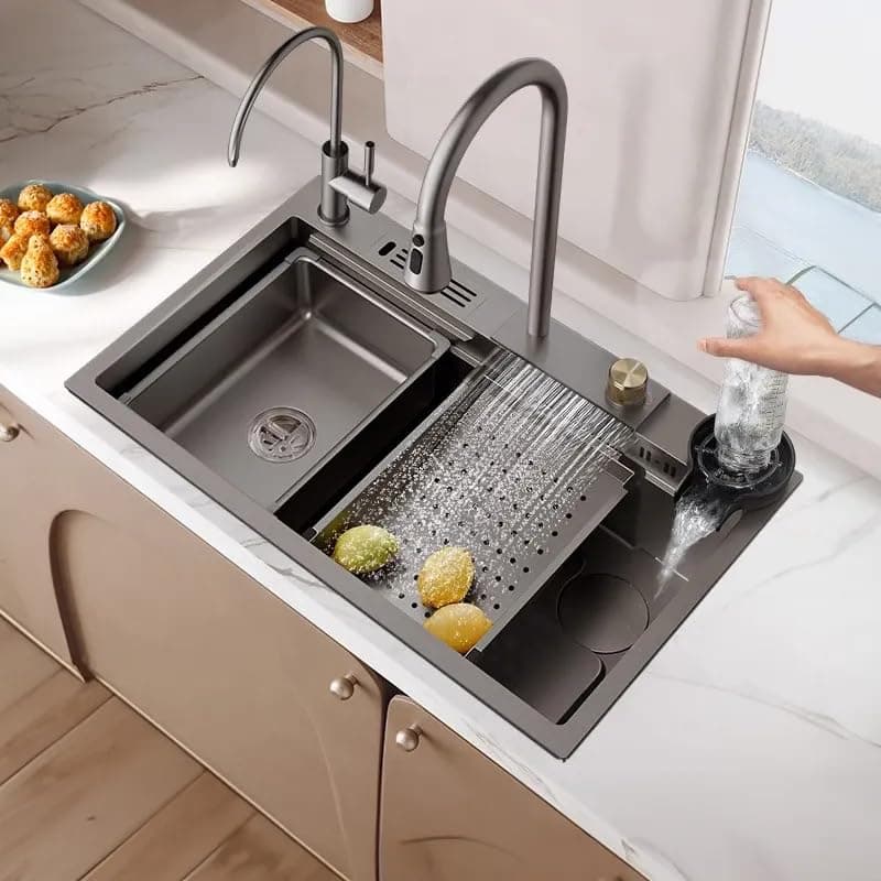 HAPPY HOMES 304 Stainless Steel Kitchen Sink 37x18x10 Single Bowl with ANTI SCRATCH HONEYCOMB DESIGN Integrated Waterfall and Pull Down Faucet with Water Purifier Tap, Fruit Baskets & Accessories