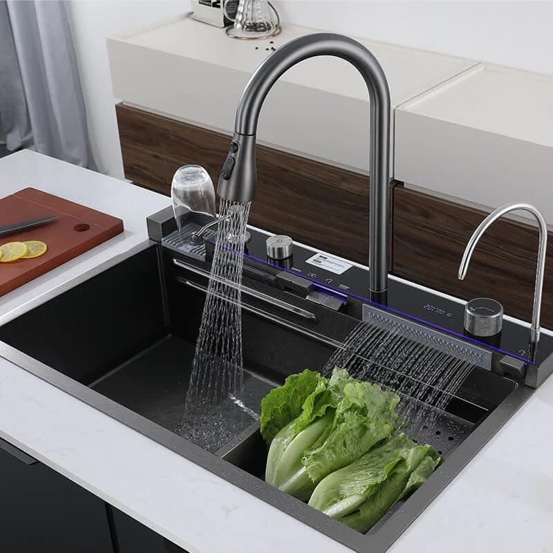 THE SINK SHOP 304 Stainless Steel Kitchen Sink (30 x 18 Inch) with Integrated Waterfall in LED Pannel and Digital Display/Waterfall and Pull-down Faucets, Fruit Baskets & Accessories