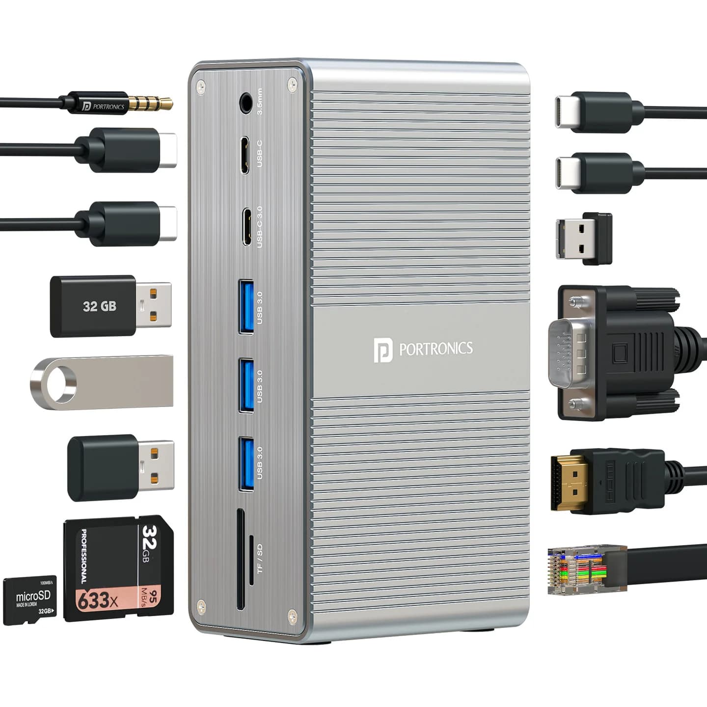 Portronics Mport Vault 13-in-1 USB-C Metal Docking Station, 100W PD Charging, 4K@30Hz HDMI, 1080P VGA, SD/microSD 3.0, USB-C 3.0 & 2.0, 3.5mm Aux, for Windows & macOS