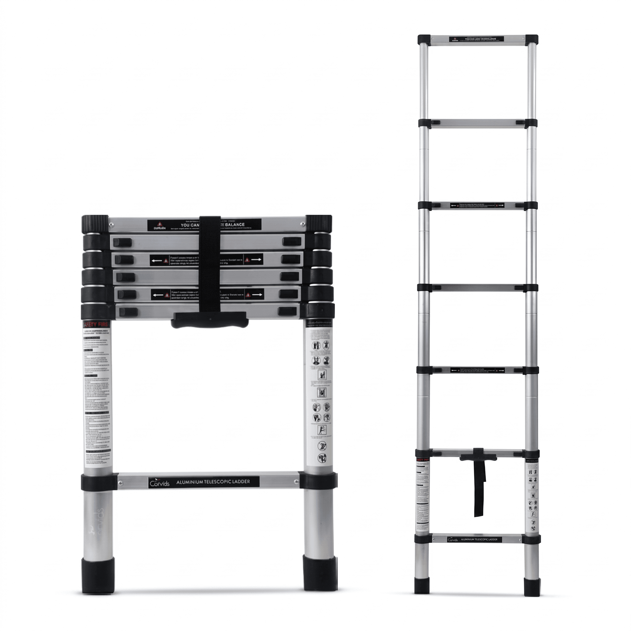 Corvids 2.0m (6.5 feet) Portable & Compact Aluminium Telescopic Ladder | 2-Year Warranty | EN 131 Certified 7-Steps Foldable Multipurpose Step Ladder