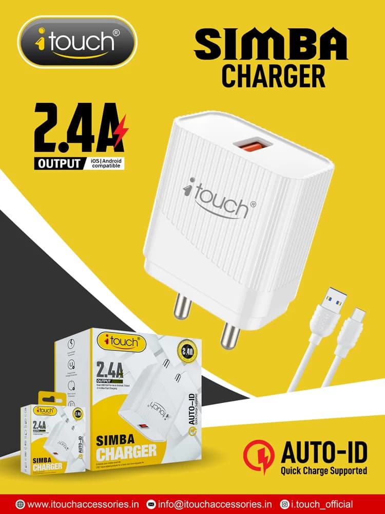 iTouch Charger SIMBA | Compatible Like Standard Travel Adapter with Fast Charging Data Cable