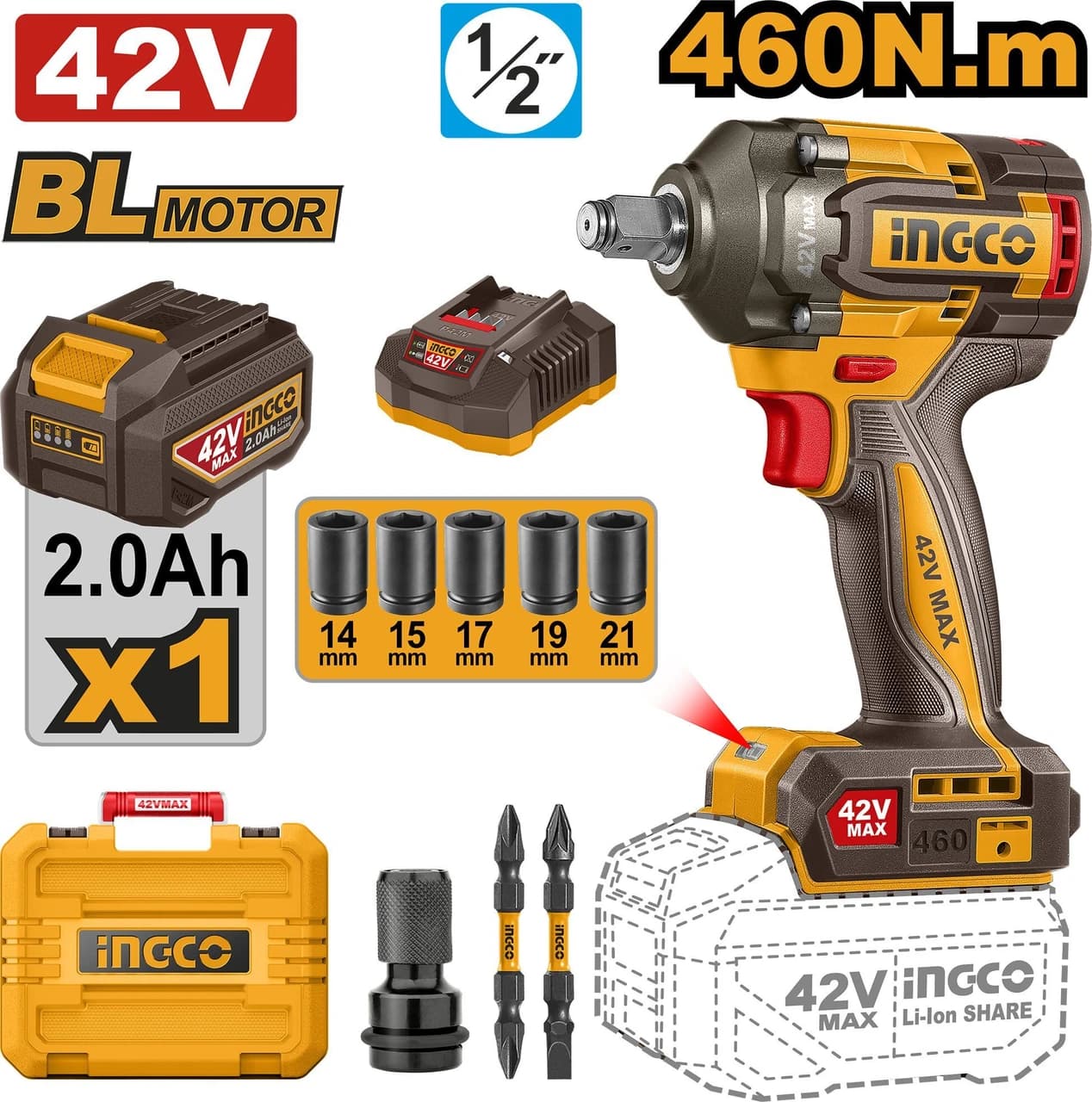 Ingco 42V Brushless Cordless Wrench Kit Product focal point