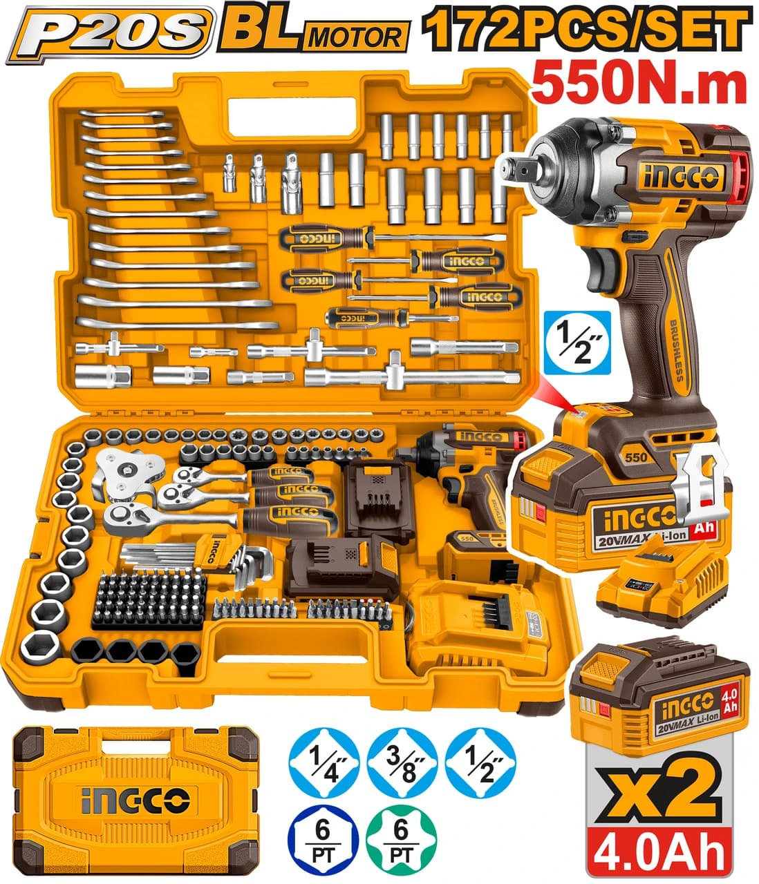 INGCO 172-Piece 20V Brushless Cordless Product focal point