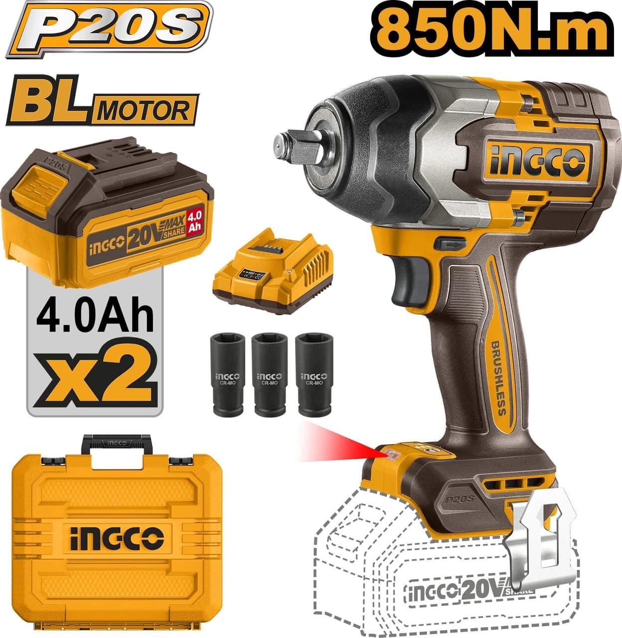 INGCO 20V Brushless Cordless Wrench Product focal point