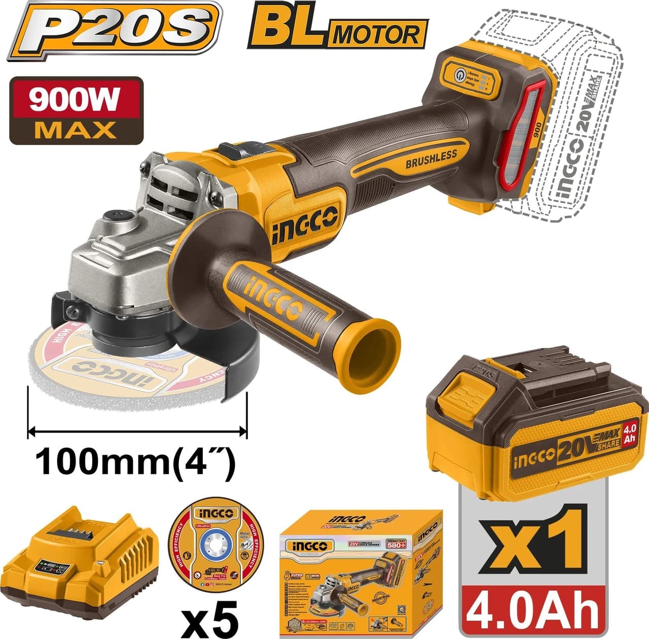 INGCO 20V Brushless Cordless Angle Grind Product focal point