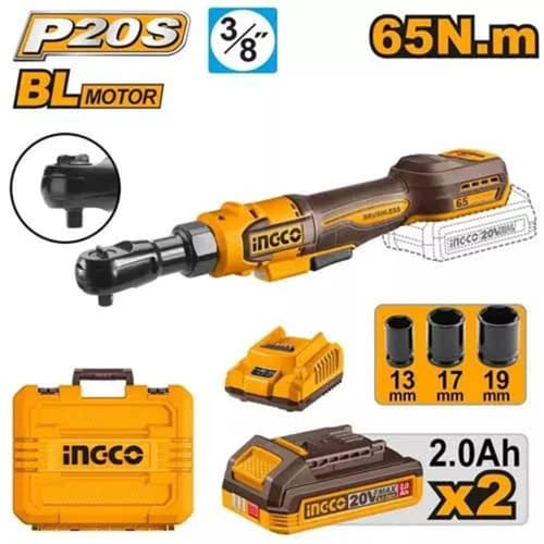 INGCO 20V Cordless Drive Ratchet Kit with Dual 2.0Ah Batteries, 65Nm Torque & Carrying Case(CDRLI2065292)