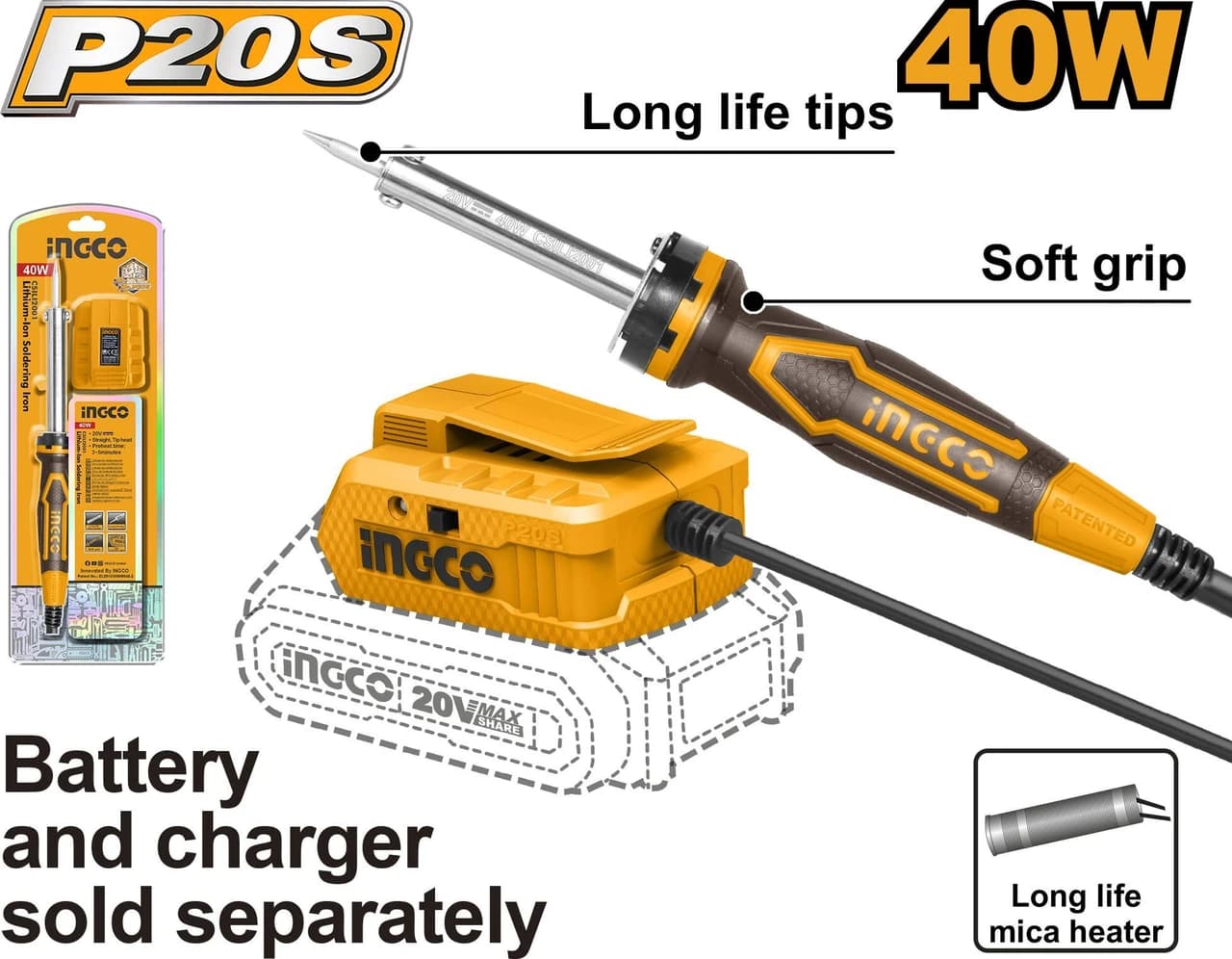 INGCO 20 V Lithium-ion Soldering Iron 40 W, Without Battery And Charger(CSILI2001)