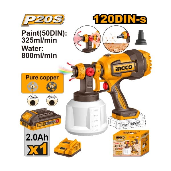 INGCO 20V Cordless Spray Gun with 800ml Stainless Steel Container, 800ml/min Flow Rate, 1.5mm & 2.5mm Copper Nozzles, 2 x 2.0Ah Li-Ion Batteries & Charger(CSGLI200414)