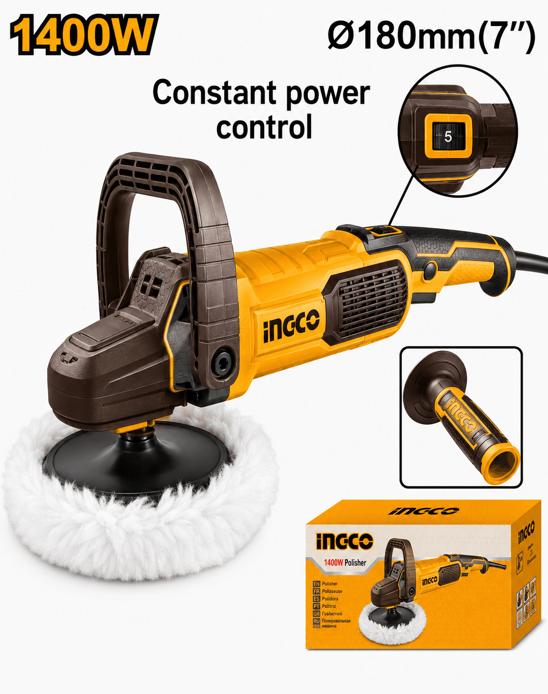 INGCO 1400W Variable Speed Polisher 180m Product focal point