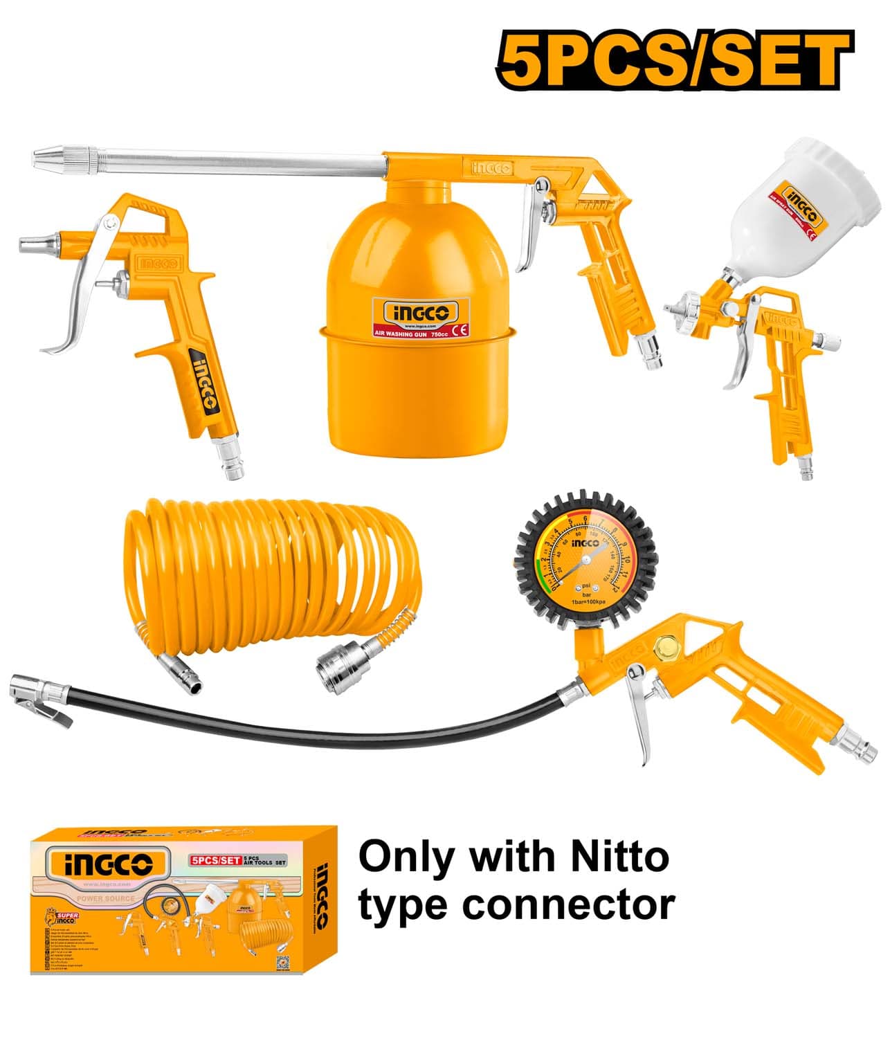Ingco 5 Pcs Air Tools Set Including Air Blow Gun, Air Spray Gun, Air Washing Gun, Air Tire Inflating Gun.(AKT0053-3)