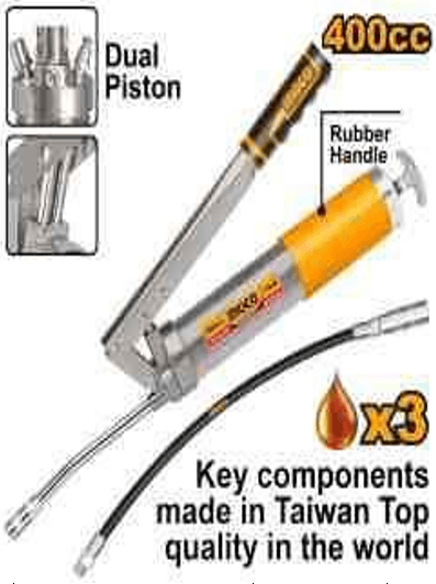 INGCO Heavy Duty 400cc Grease Gun with Dual Piston, Flexible Hose & Metal Spout(GRG015002)