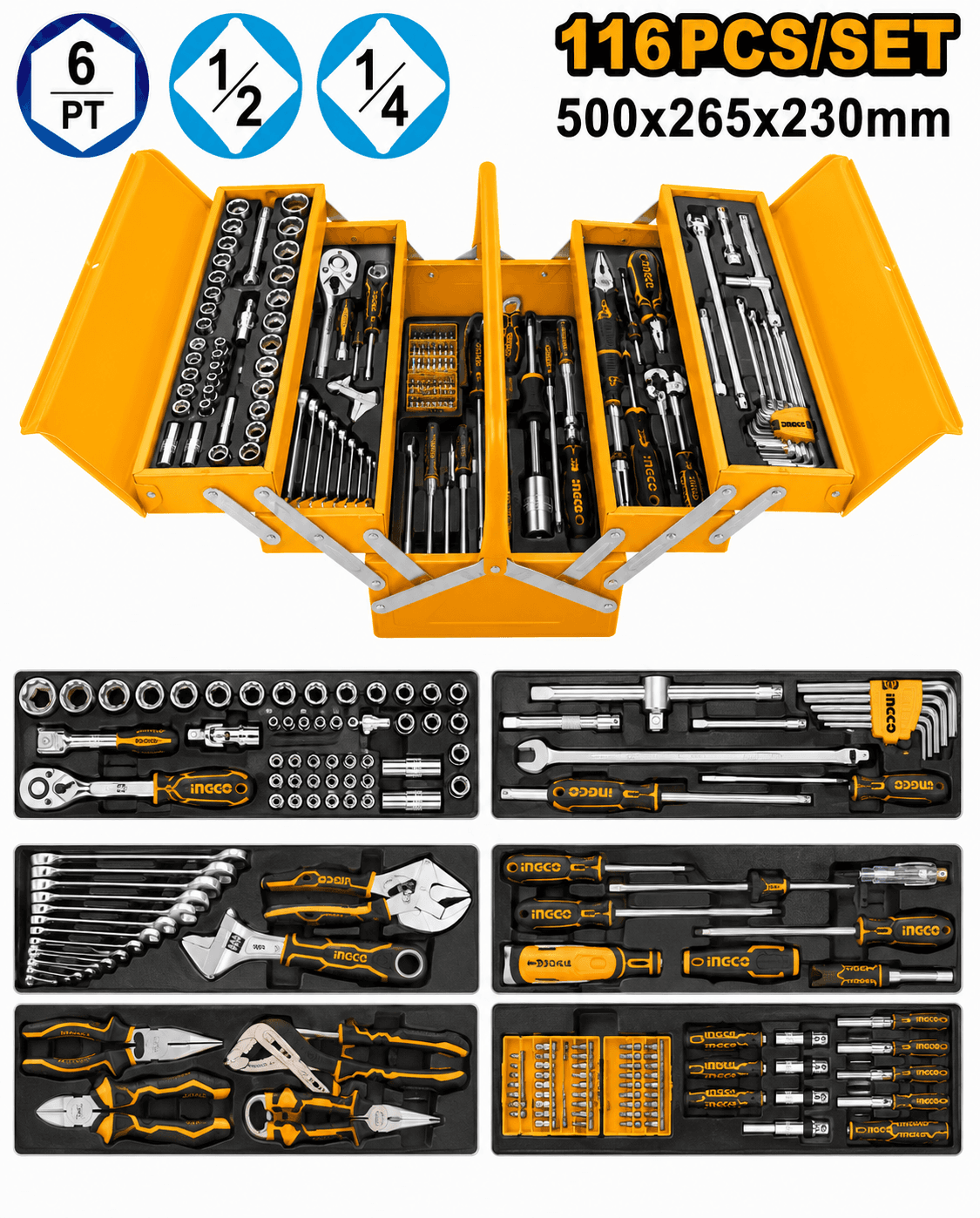 INGCO 116-Piece Tool Chest Set with Ratchets, Sockets, Spanners, Screwdrivers & Hex Keys(HTCS261168)