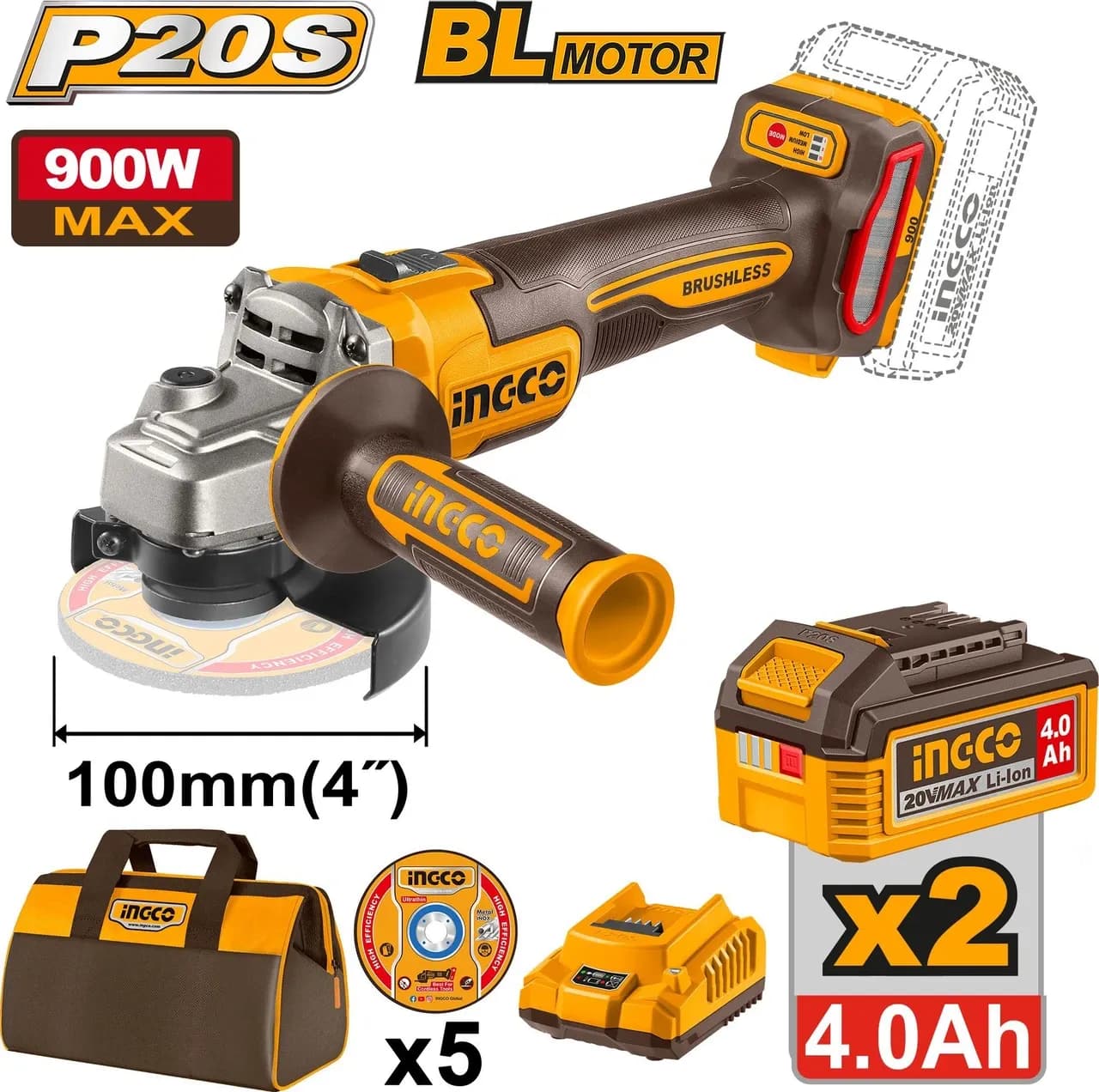 INGCO 20V Brushless Cordless Angle Grind Product focal point