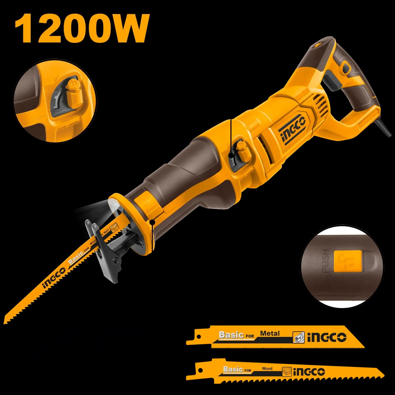 Ingco 210mm 1200 Watt 4-Step Pendulum Function, Variable Speed Electric Reciprocating Saw With Wood & Metal Cutting Blades, 1000-2800 RPM(RS12001)
