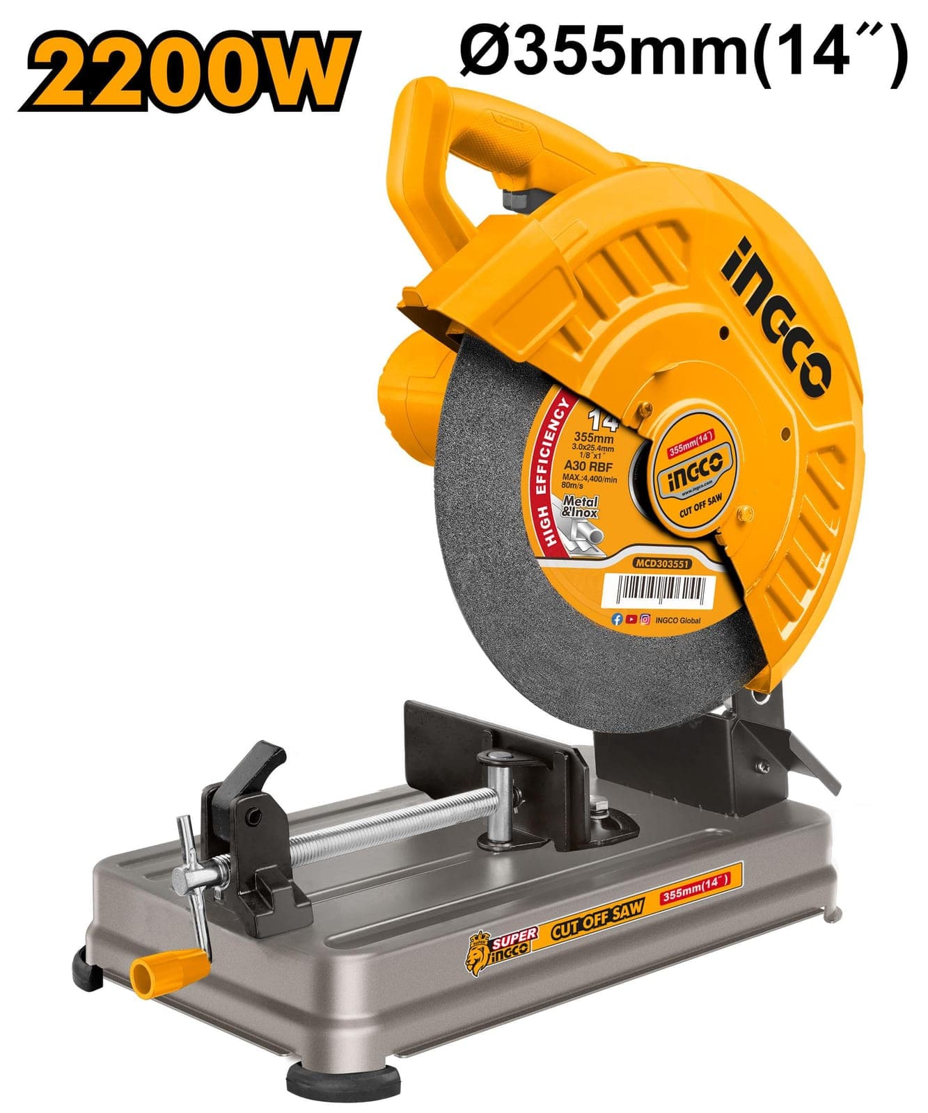 INGCO 2200W Cut Off Saw with 355mm Blade, 3700 RPM & 100mm Cutting Capacity(COS223558)