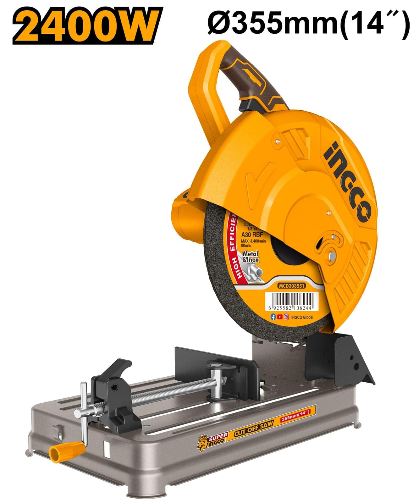 INGCO 2400W Cut Off Saw with 355mm Blade, 3900 RPM & 100mm Cutting Capacity(COS243558)