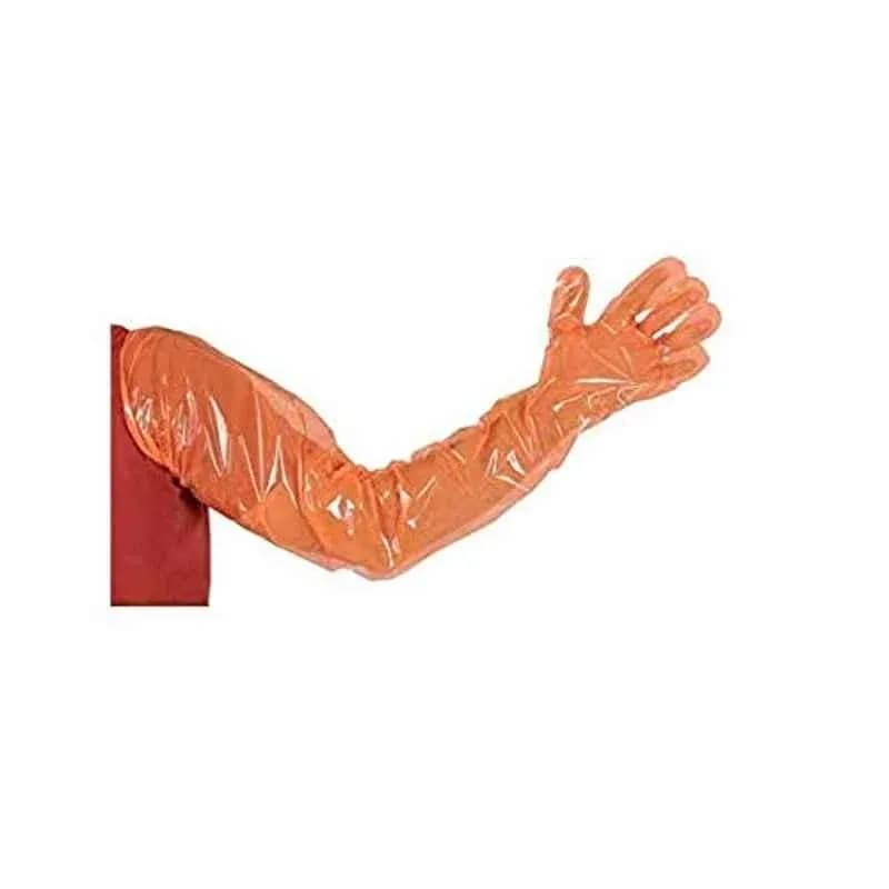 Forgesy 100 Pcs 32 inch Veterinary Orange Long Hand Transparent Disposable Plastic Gloves Box, FORGESY133