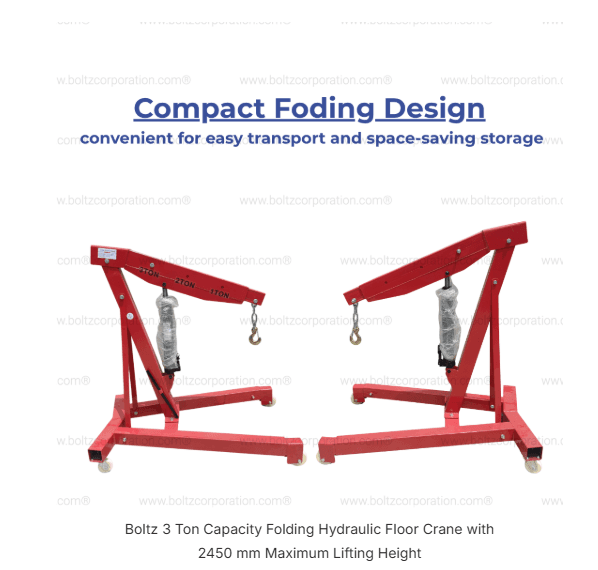Boltz 3 Ton Capacity Folding Hydraulic Floor Crane with 2450 mm Maximum Lifting Height