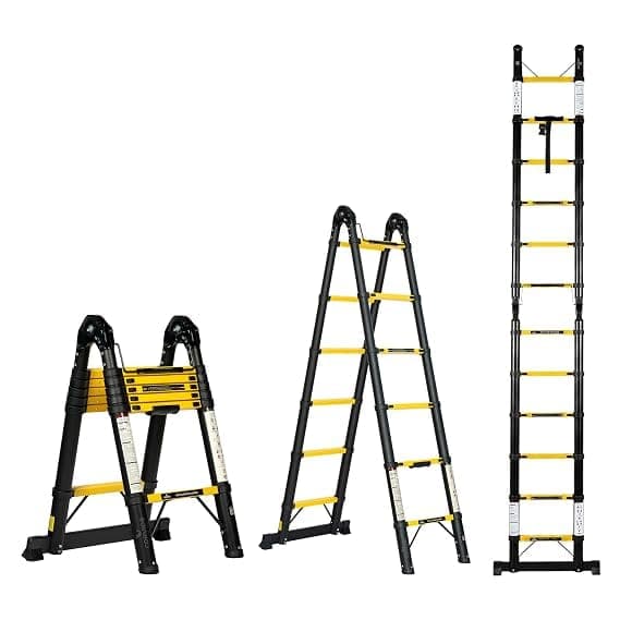 Corvids 3.8m (12.5 Ft) Foldable A-Type Iron Telescopic Ladder, 2-Year Warranty, 12-Step EN131 Certified Extension Ladder, Rustoroof Heavy Duty Carbon Steel for Home, Industrial & Warehouse Use