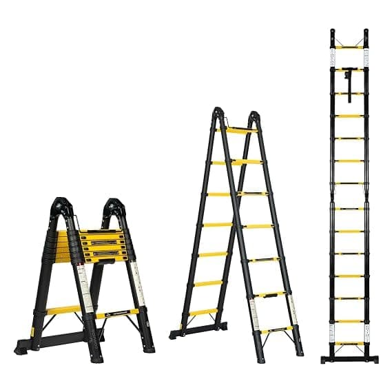 Corvids 4.4m (14.5 Ft) Foldable A-Type Iron Telescopic Ladder, 2-Year Warranty, 14-Step EN131 Certified Extension Ladder, Rustoroof Heavy Duty Carbon Steel for Home, Industrial & Warehouse Use