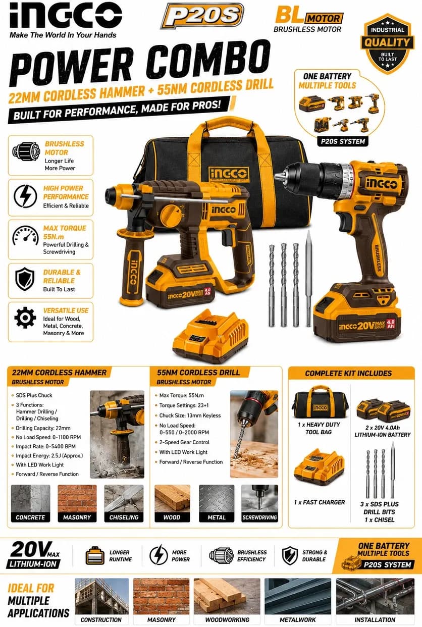 20V 2pcs Cordless Drill Combo 55Nm Hamme Product focal point