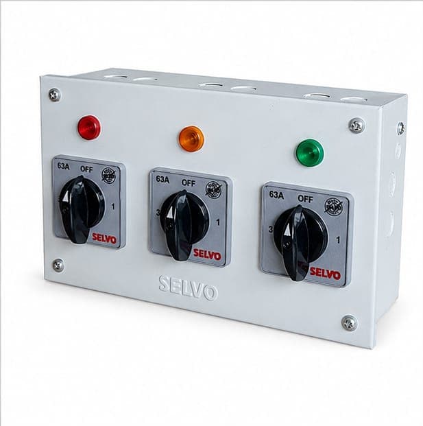 SELVO 63A Three Phase Neutral (TPN) Phase selector Enclosure (with 1 pole 3 ways Rotary switches Fitted and Duly Wired)