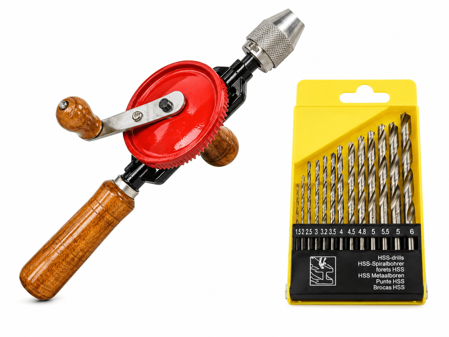 Quality 1/4-Inch Chuck Manual Rotary Twin Gear Hand Drill Machine with 13-Piece HSS Drill Bit Set