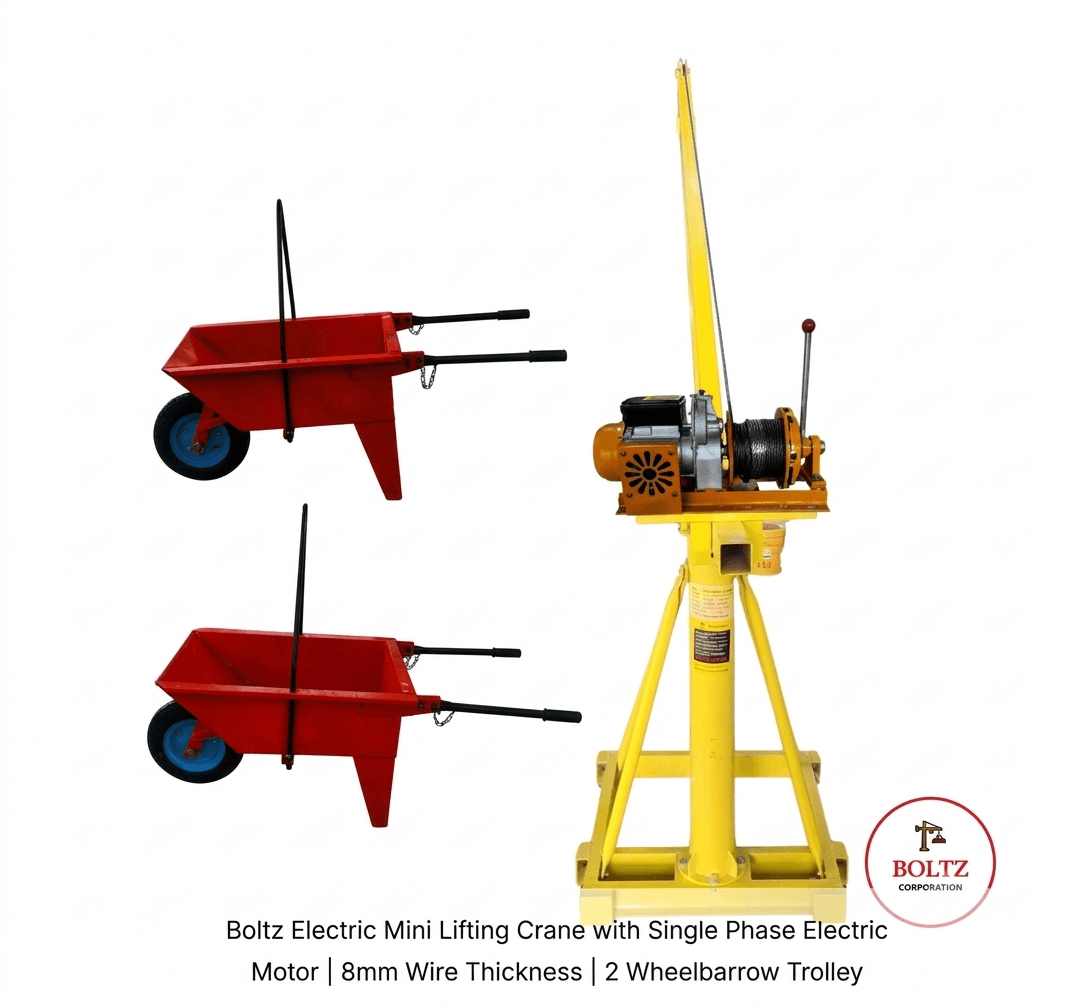 Boltz Electric Mini Lifting Crane with Single Phase Electric Motor | 8mm Wire Thickness | 2 Wheelbarrow Trolley
